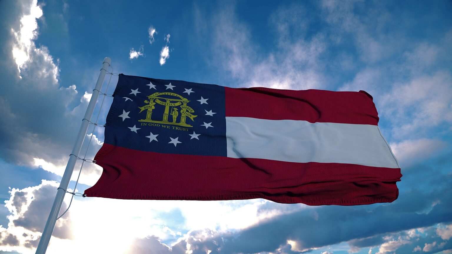 Georgia Flag On A Flagpole Waving In The Wind In The Sky. State ...